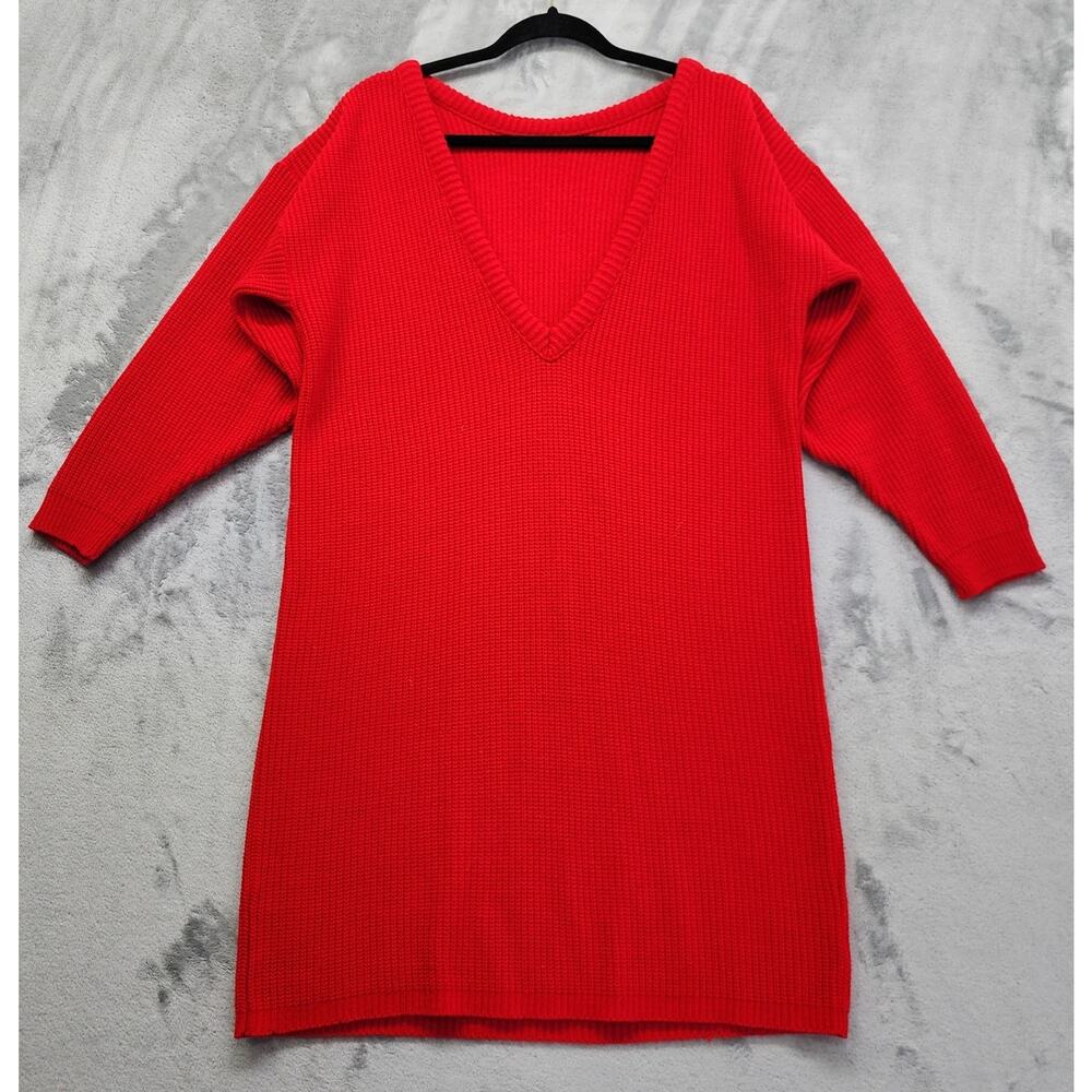 Vintage 80s Annie Rose Deep V-Neck Sweater Dress‎ Size L Red Mini Reversible
